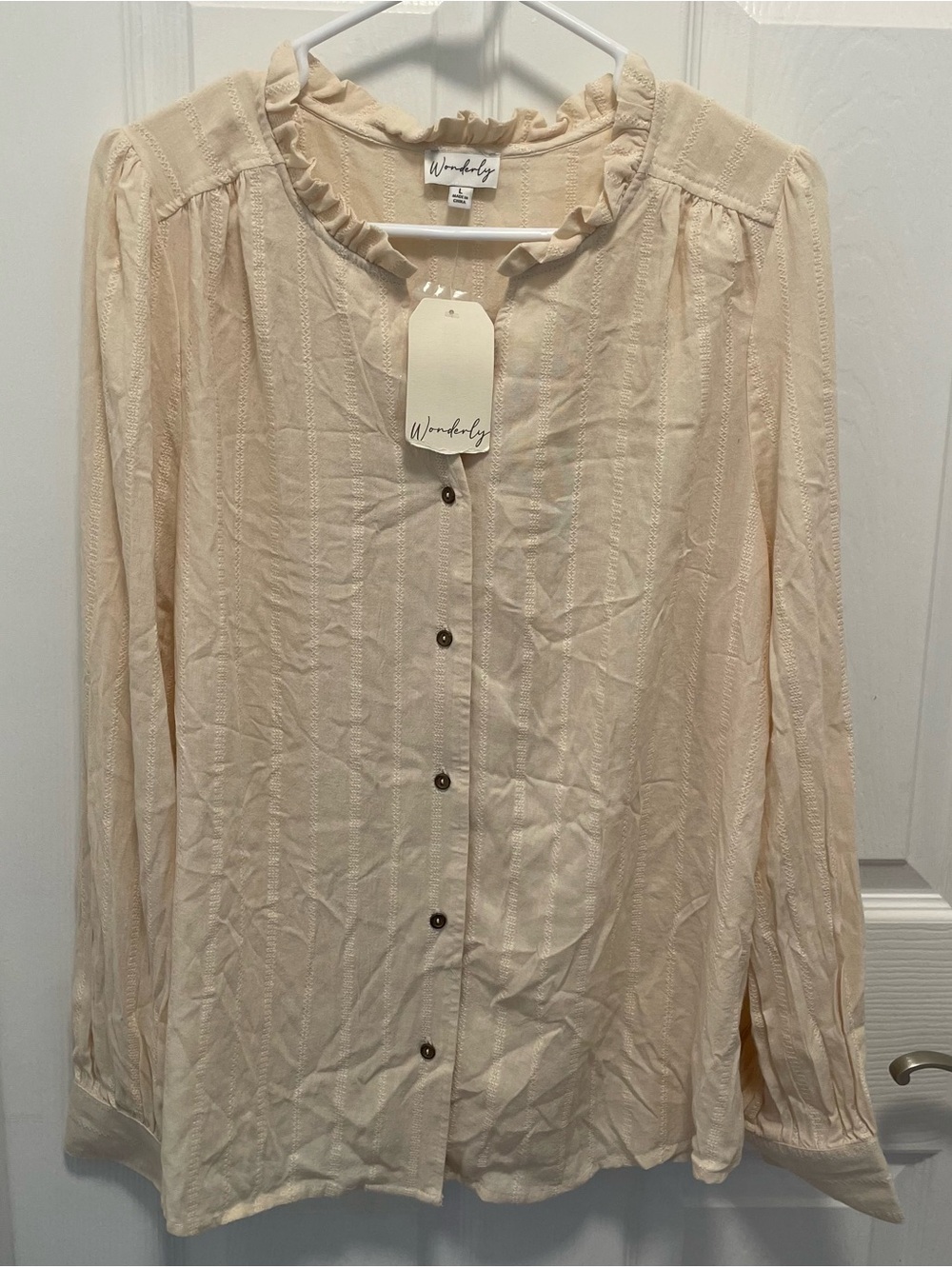 Wonderly Cream Ruffle Neck Button-Front Women's Blouse